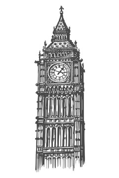 Big Ben tower symbol of London, England and Great Britain in vintage engraving style. Sketch illustration