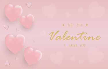 Happy Valentine's Day with calligraphy text. Horizontal banner for the website. Romantic background with realistic design elements, gift box, metal hearts, balloons in the shape of heart.