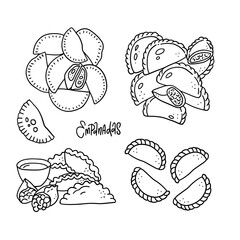 Hand drawn linear sketch style empanadas collection. Top and side view on plate with sauce, single and group meals. Typical Latino America spanish fast food set. Vector illustration isolated on white