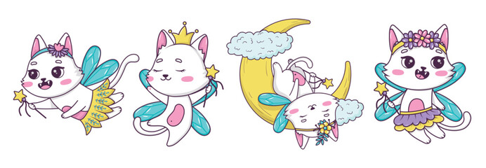 Bundle of drawn cute cartoon cats fairy with a magic wand in different poses in doodle style