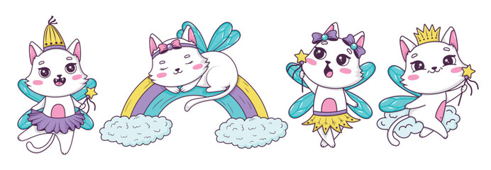 Bundle of drawn cute cartoon cats fairy with a magic wand in different poses in doodle style