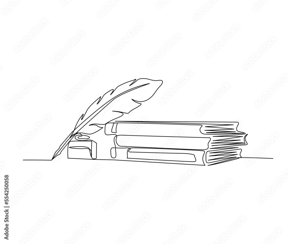 Aufkleber continuous one line drawing of stack of books, ink and quill pen. feather pen single line vector des