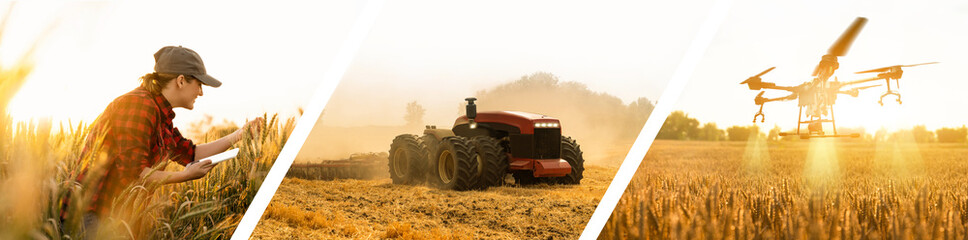 Smart farm banner. Farmer with digital tablet, autonomous tractor and drone sprayer.	