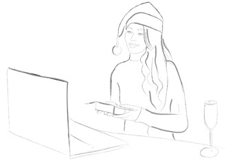 Woman at a laptop celebrating Christmas online meeting Vector