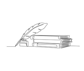 Fototapeta Continuous one line drawing of stack of books, ink and quill pen. Feather Pen Single Line Vector Design. obraz