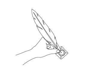 Continuous one line drawing of Hand holding Quill Pen. Feather Pen Single Line. Vintage writing equipment vector design.