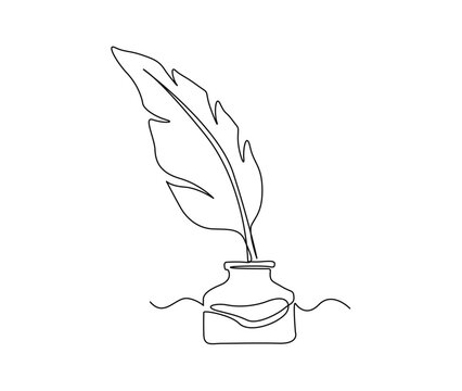 recommend clip art: Continuous one line drawing of Quill Pen and ink. Feather Pen Single Line. Vintage writing equipment vector design.