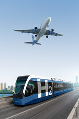A hydrogen fuel cell tram and plane in the sky. Clean transportation concept