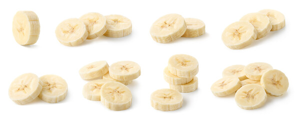 Collection of various fresh ripe banana slices on white background