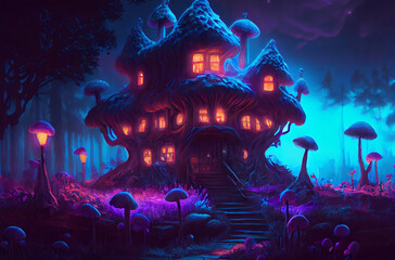 Fototapeta na wymiar Mushroom house in the purple mushroom forest.