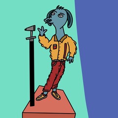worker with hammer, cartoon characters giving speeches, cartoon characters getting on the podium, cartoon characters open mic