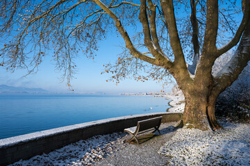 Blick vom Mettnaupark auf den Bodensee im Winter