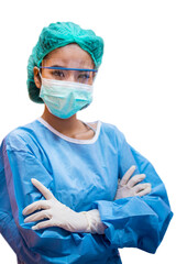 Female doctor wearing surgical gown on transparent background