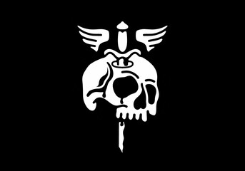 Black and white tattoo of skull, dagger and wings