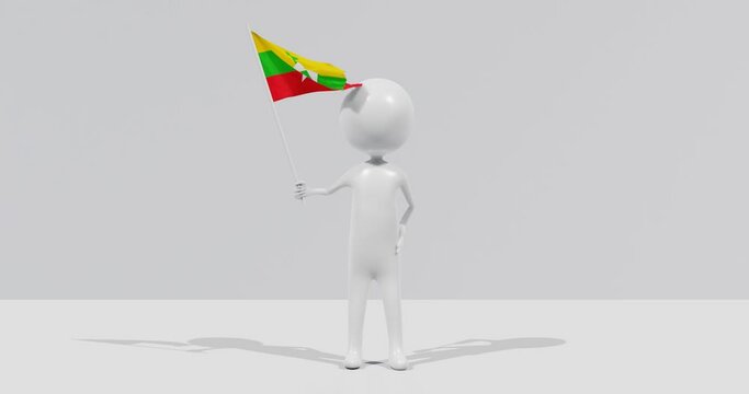 Flag of Myanmar. 3D Character holding and waving flag 4K UHD 60FPS