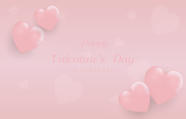 Happy Valentine's Day with calligraphy text. Horizontal banner for the website. Romantic background with realistic design elements, gift box, metal hearts, balloons in the shape of heart.