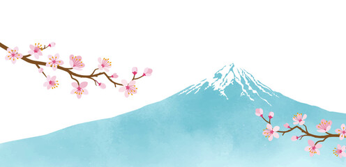 和風背景素材　水彩風の富士山と桜の枝　白背景