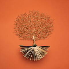 Golden tree growing from the old book, Education and knowledge concept. For book lovers. Flat lay.