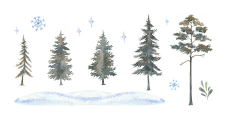 Watercolor set with evergreen trees. Pines, firs, firs. Forest elements for landscape. Christmas Elements.