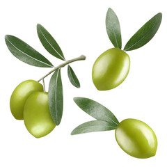 Set of delicious olives with leaves, isolated on white background
