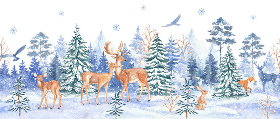 Watercolor Christmas horizontal seamless pattern with hand-drawn animals and snow-covered trees. Forest animals: Deer, fawn, fox, hare. New Year's holiday illustration.