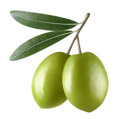 Ripe green olives with leaves, isolated on white background