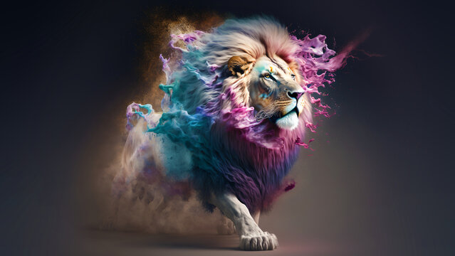 lion in the night, african wildlife, lone hunter isoated on black clean background, colorful smoke ,generative ai