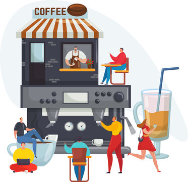 Person near coffee machine, hot drink flat menu vector illustration. Espresso, cappuccino, latte with milk in cup. Cafeteria service