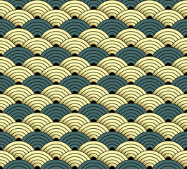 Seamless pattern gold and green abstract scales background in japanese and chinese style. Vector illustration