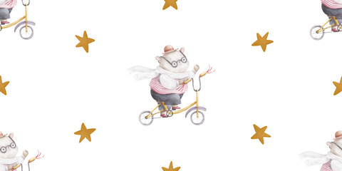 seamless pattern with teddy bear on transport with stars