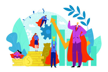 Obraz premium Business leadership for success super hero concept, vector illustration. Flat businessman woman leader charcater at career design.