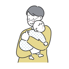 寝ている赤ちゃんを抱っこするお父さんのイラスト素材