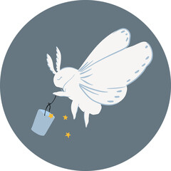 Sticker template of cute night moth with stars. Adorable little moth, butterfly illustration on transparent background.