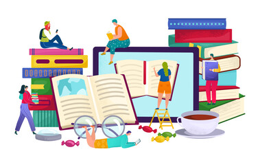 Book library at device, internet education concept vector illustration. Student people study online, read knowledge by computer technology.