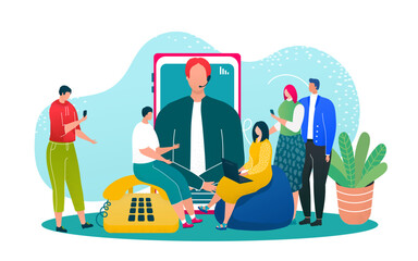 Referral friend program concept, vector illustration. Refer business marketing in smartphone, people character use mobile in internet flat advertising