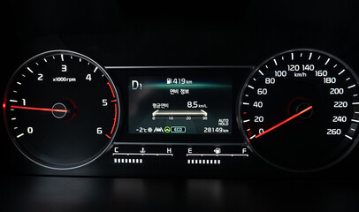 Close-up of the car's interior instrument panel