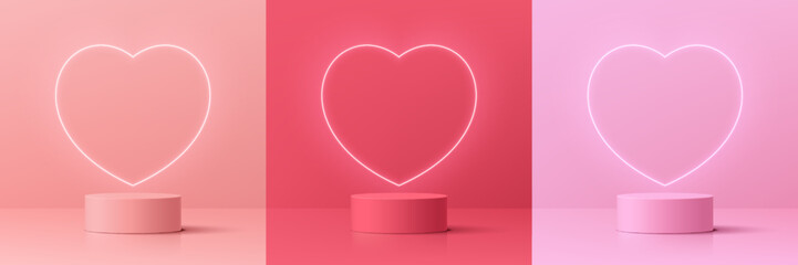 Set of 3D valentine day background with pink, coral red realistic cylinder pedestal podium. Neon light heart shape. Vector geometric form. Mockup product display. Minimal wall scene. Stage showcase. - obrazy, fototapety, plakaty