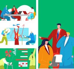 Teamwork with business man woman people, vector illustration. Finance management, creating flat idea banner set. Brainstorming background