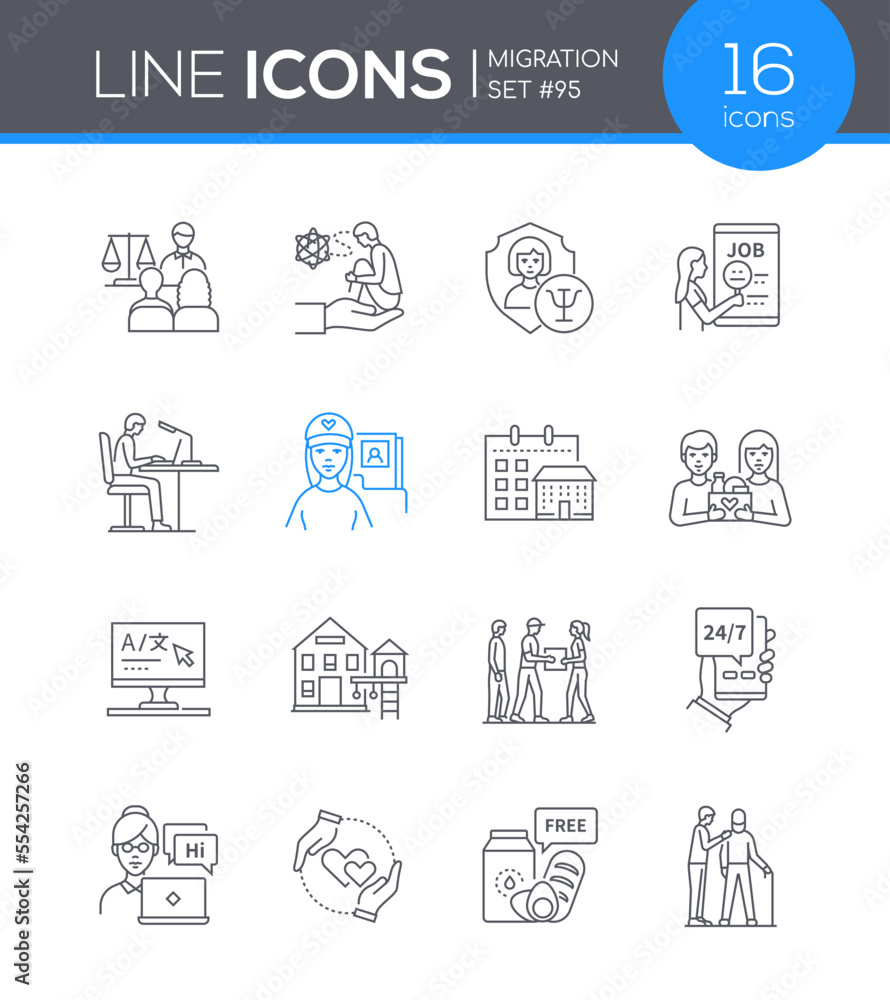 Poster difficulties of migration - line design style icons set