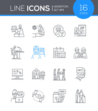 Difficulties of migration - line design style icons set