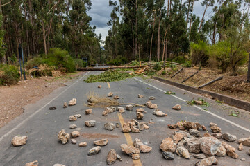 Stones and trees blocking 28G road during protests on December 15, 2022 near Cusco, Peru