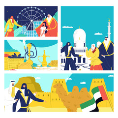 Arab emirates banner set concept, vector illustration. Arabic man woman people in east traditional muslim clothes. Arabian desert
