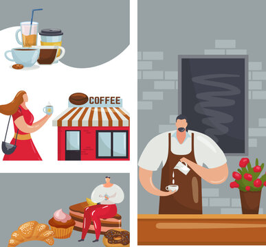 Cafe cartoon card, vector illustration. Man woman people drink coffee, beverage in cup flat set. Business coffee shop design banner.