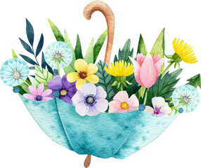 Watercolor floral umbrella illustration, summer spring background, blossom garden graphics, greenery illustration, flower Easter cartoon collection, botanical garden nature wedding clip art 