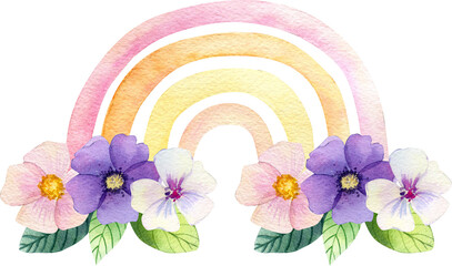 Watercolor floral rainbow illustration pattern, summer spring background, blossom garden graphics, greenery illustration, flower Easter cartoon collection, botanical garden nature nursery clip art 