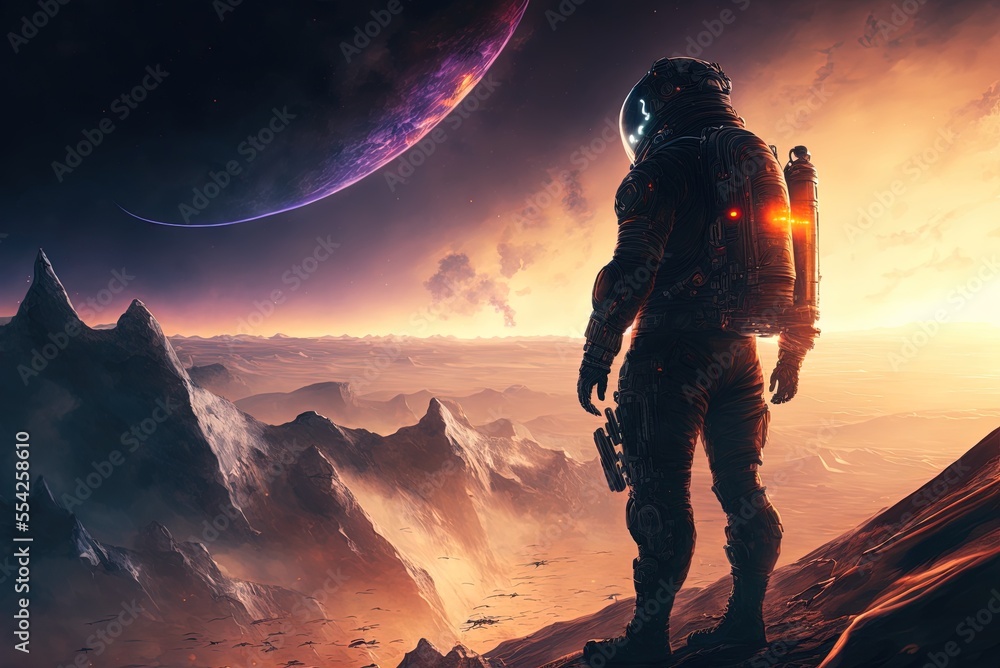 Poster on the summit of an uncharted planet, a guy in a spacesuit stands in front of a backdrop of spacecra