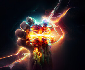 power energy background with hand holding electric bolt