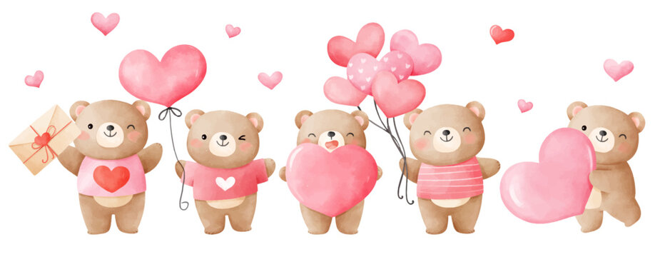 Draw banner little bear with pink hearts for valentine day