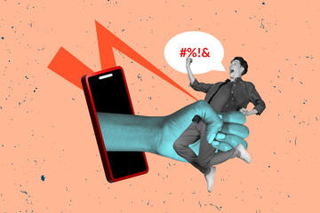 Vertical collage picture of big arm inside telephone screen hold catch black white colors guy yell...