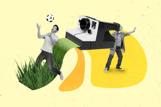 Creative collage image of two black white colors mini people play football photographing huge polaroid instant camera